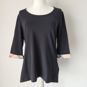 EUC Burberry Brit Nova Check Trim Cuff T-Shirt Scoop Neck 3/4 Sleeve Black